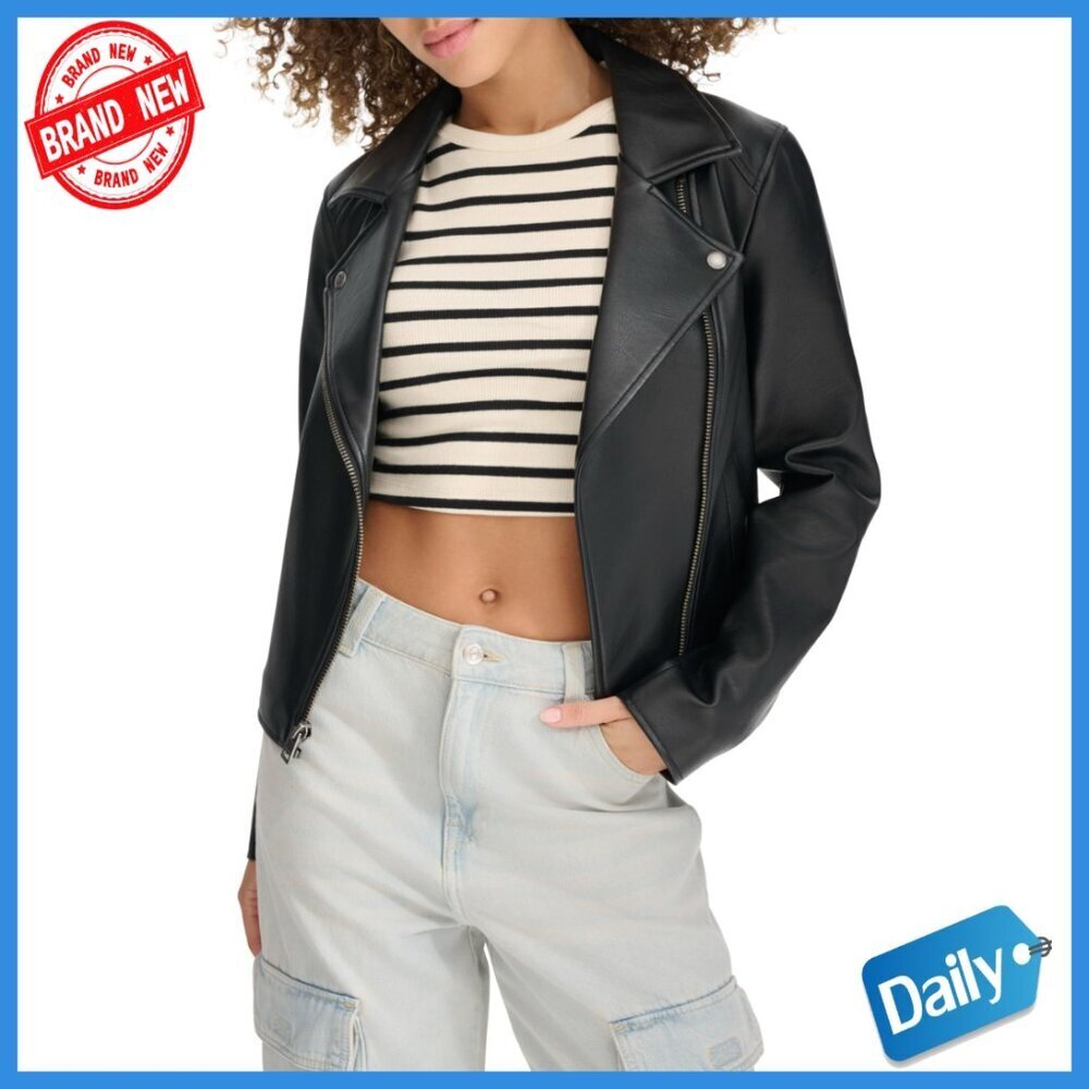 Faux Leather Moto Jacket, Classic Fit, Long Sleeve, Cropped